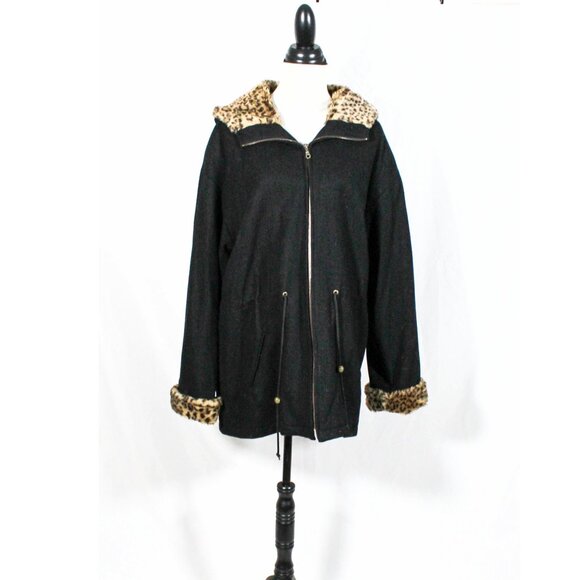 Vintage 1990s Herman Kay Black Wool Coat Leopard Faux Fur Trim Hood Grunge 90s - Picture 1 of 10